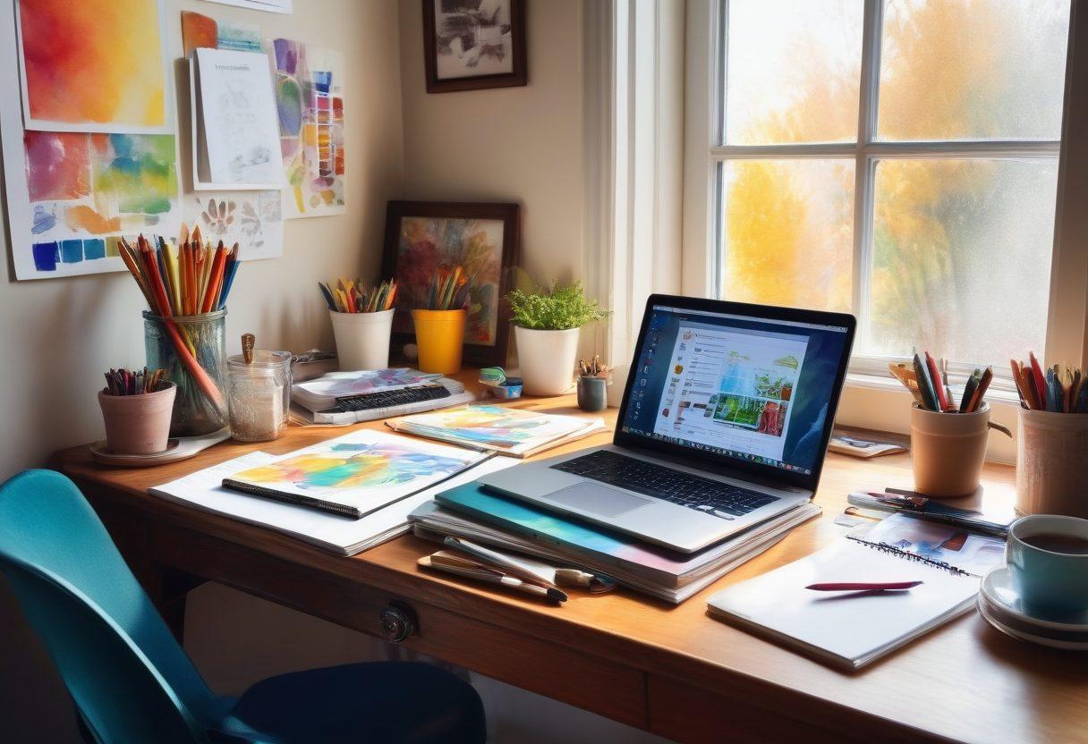 A vibrant workspace filled with a variety of creative tools: notebooks, colorful pens, a laptop displaying a blog interface, and inspiring art on the walls. Include a steaming cup of coffee and sunlight streaming through a window, creating an inviting atmosphere. The scene should evoke a sense of productivity and imagination, encouraging viewers to tap into their creativity. watercolor painting. bright, vivid colors.