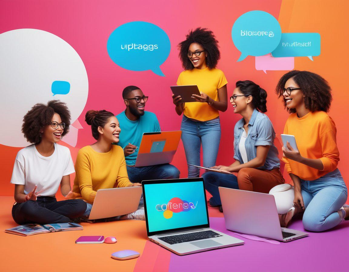 A dynamic illustration of a diverse group of bloggers collaborating on Upenet, showcasing vibrant laptops with colorful screens displaying advanced blogging tools. Include bright speech bubbles with creative ideas floating around, and a backdrop of digital landscapes symbolizing connectivity. Encourage a feeling of empowerment and community with uplifting colors and modern design elements. vibrant colors. 3D. digital art.