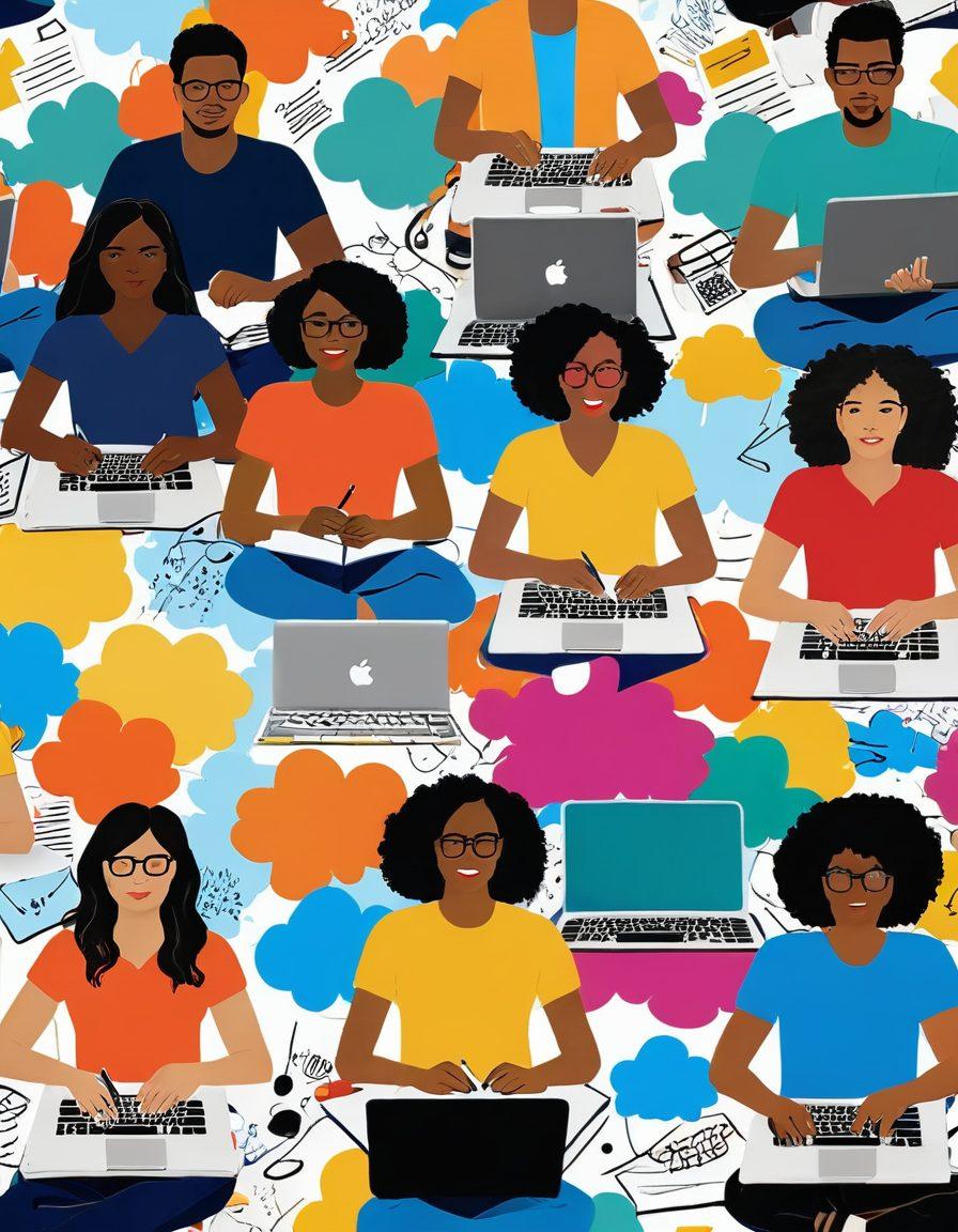A vibrant digital collage showcasing a diverse group of people engaging with their online journals, surrounded by clouds of colorful ideas and inspiration. Include elements like laptops, pens, and creative notes to symbolize collaboration and creativity. The background should feature a stylized, abstract representation of a community, hinting at connection and support. super-realistic. vibrant colors. white background.